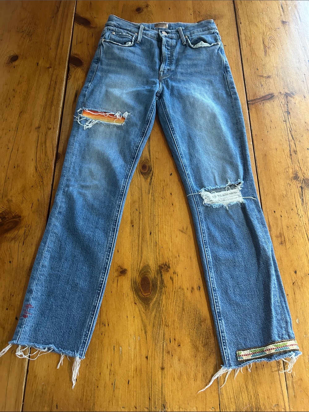MOTHER Blue Straight-Leg Distressed Jeans with Patch Details Size 25